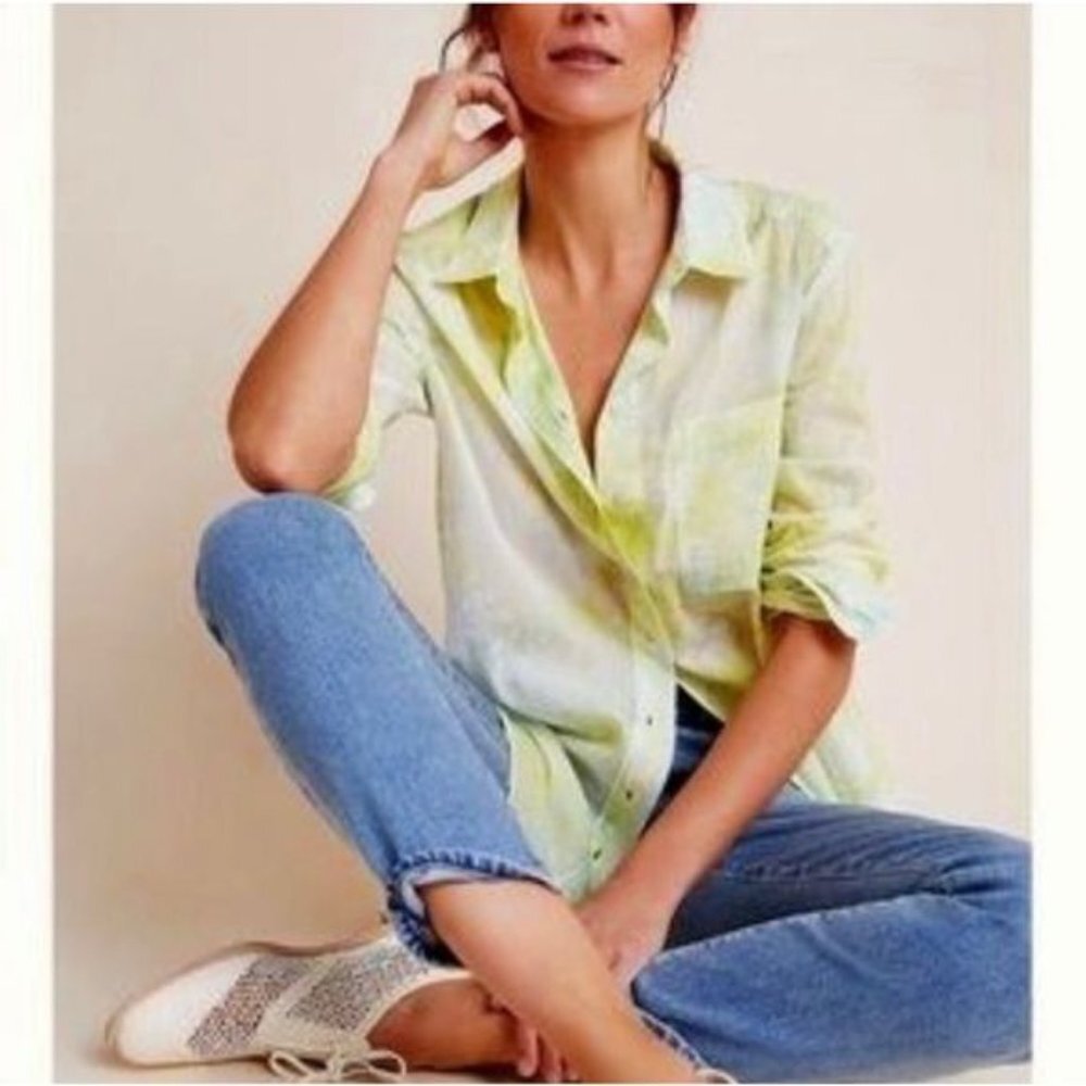 Anthropologie Cloth & Stone Tie Dye Button Down Shirt Lime Green Blue Women